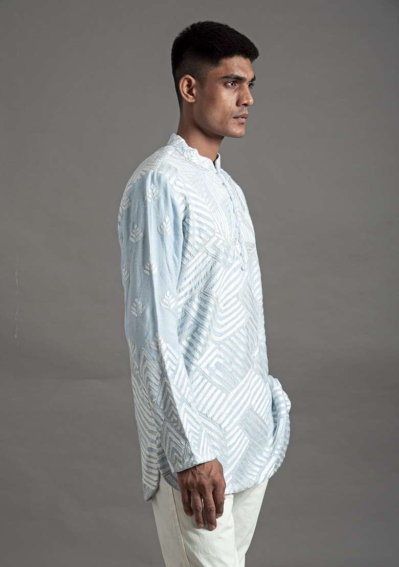 Blue Thread Work Silk Blend Short Kurta For Men - Indya
