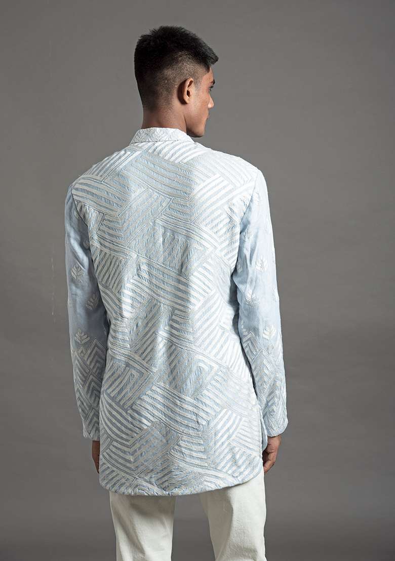 Blue Thread Work Silk Blend Short Kurta For Men - Indya