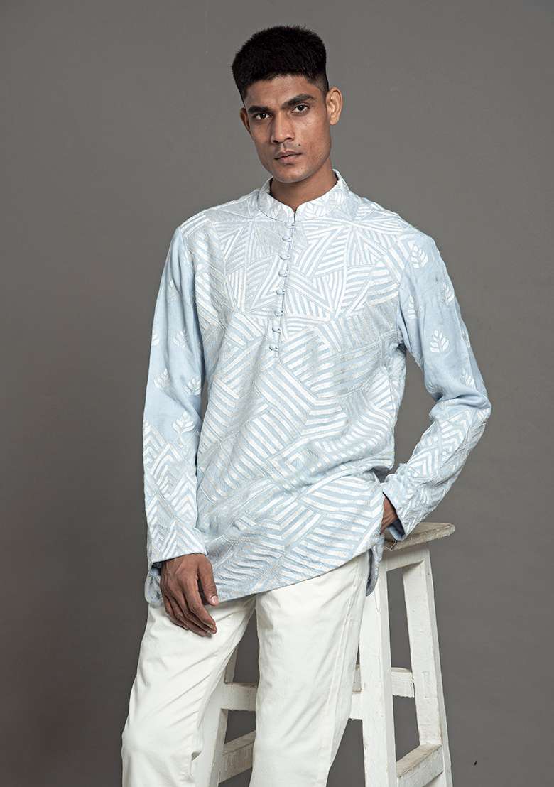 Blue Thread Work Silk Blend Short Kurta For Men - Indya