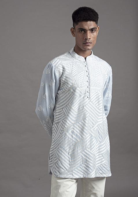 Blue Thread Work Silk Short Kurta For Men