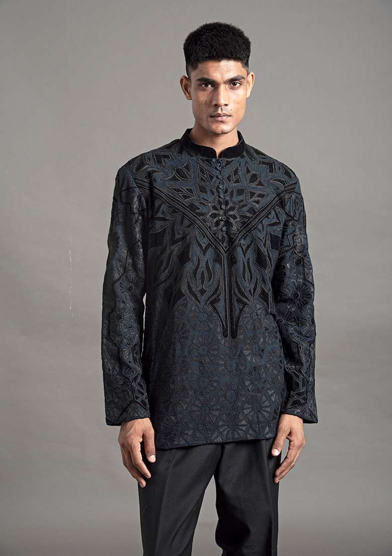 Teal Applique Silk Blend Short Kurta For Men - Indya