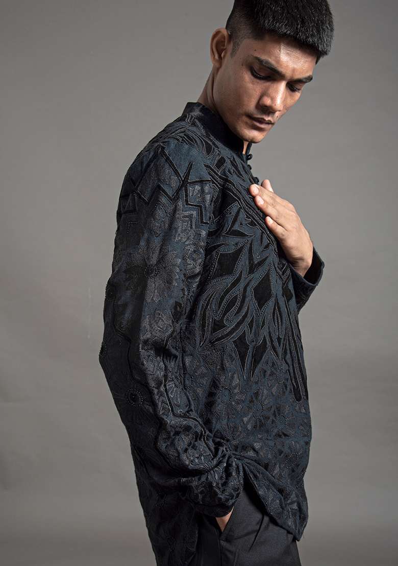 Teal Applique Silk Blend Short Kurta For Men - Indya