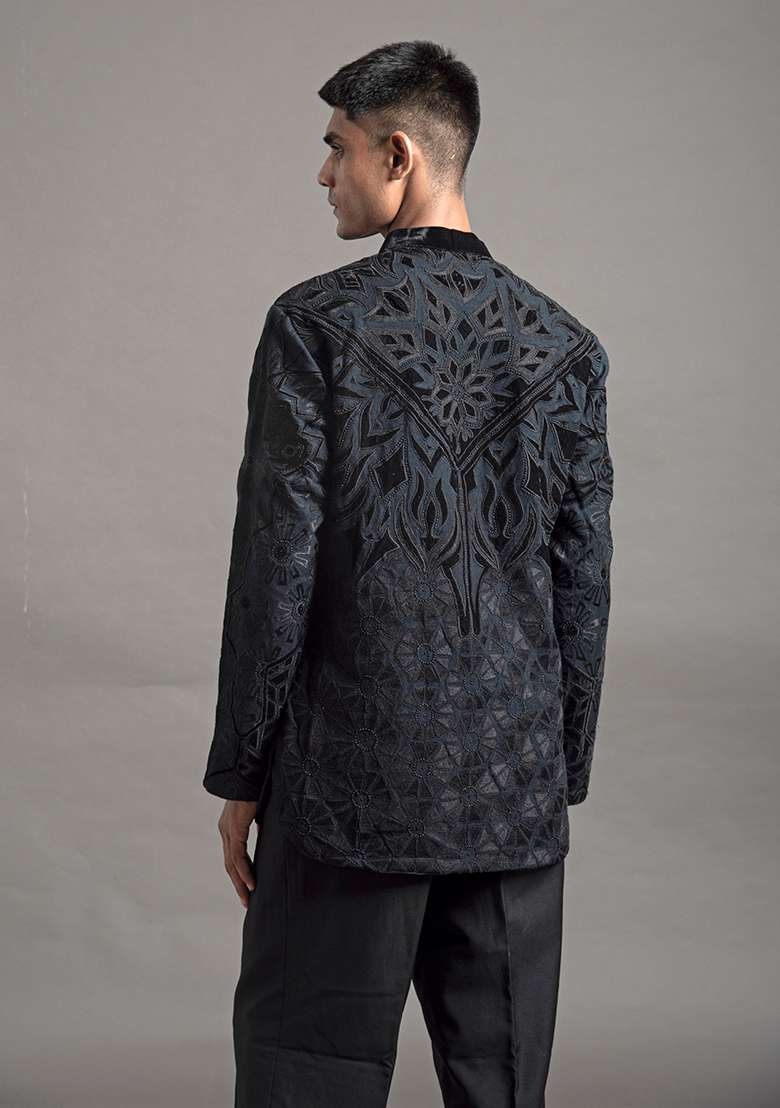 Teal Applique Silk Blend Short Kurta For Men - Indya