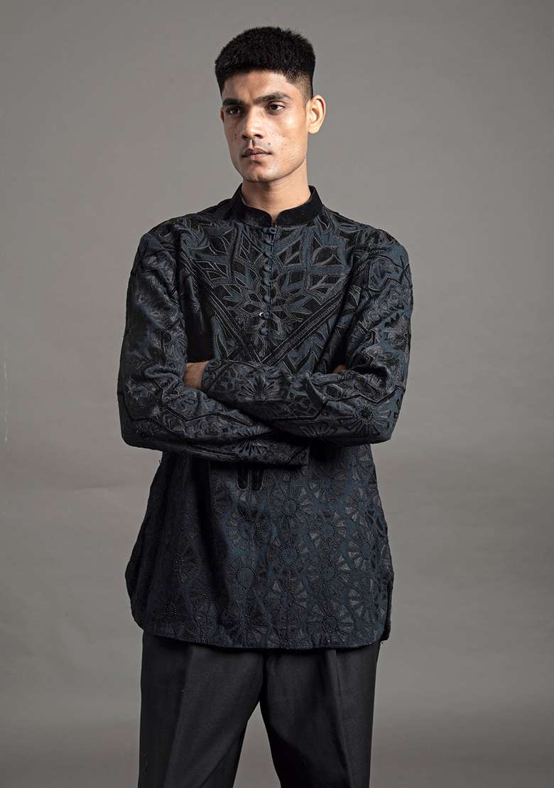 Teal Applique Silk Blend Short Kurta For Men - Indya