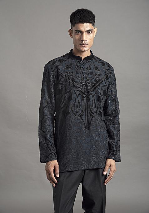 Teal Applique Silk Short Kurta For Men