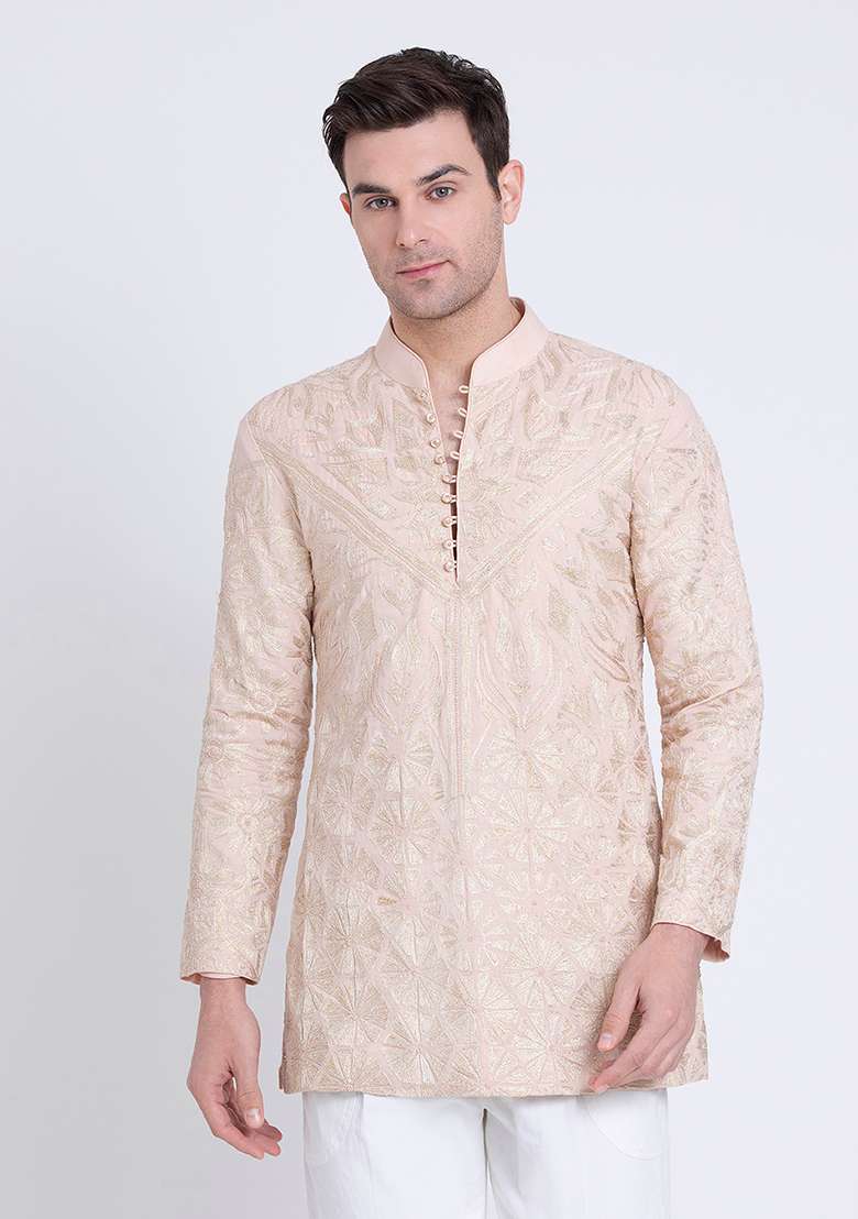 Rose Pink Embroidered Chanderi Kurta For Men - Indya