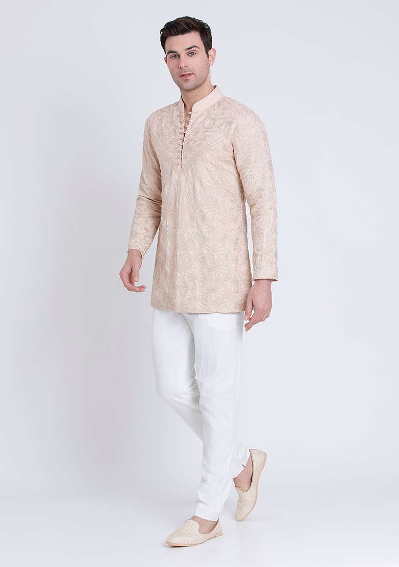 Rose Pink Embroidered Chanderi Kurta For Men - Indya