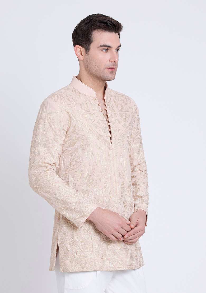 Rose Pink Embroidered Chanderi Kurta For Men - Indya