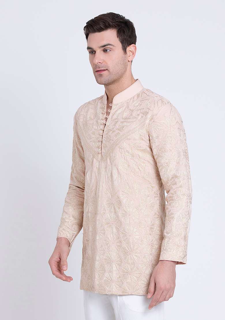 Rose Pink Embroidered Chanderi Kurta For Men - Indya