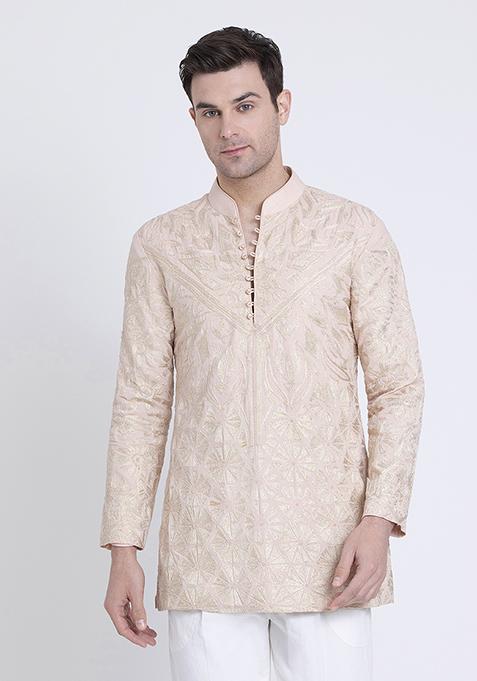 Rose Pink Embroidered Chanderi Kurta For Men