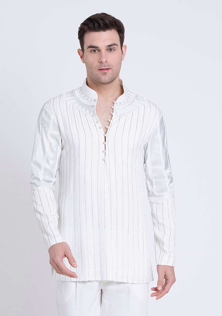 White Embroidered Silk Blend Kurta For Men - Indya
