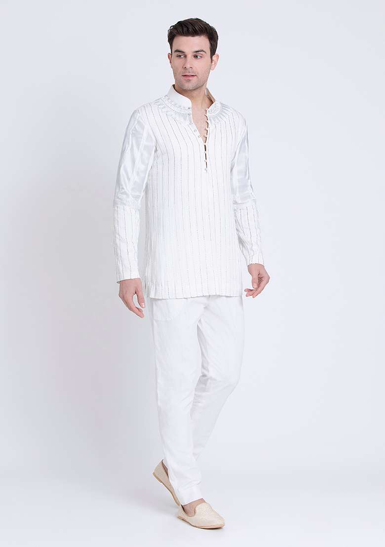 White Embroidered Silk Blend Kurta For Men - Indya
