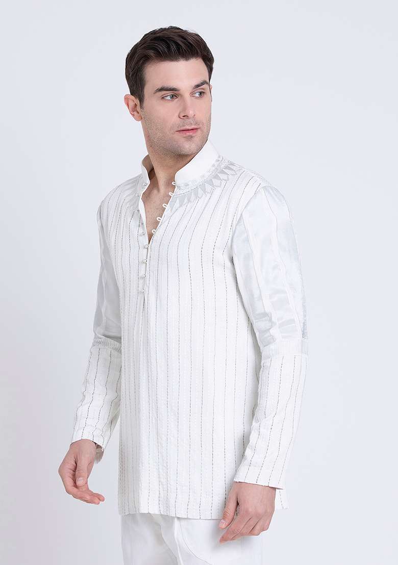 White Embroidered Silk Blend Kurta For Men - Indya