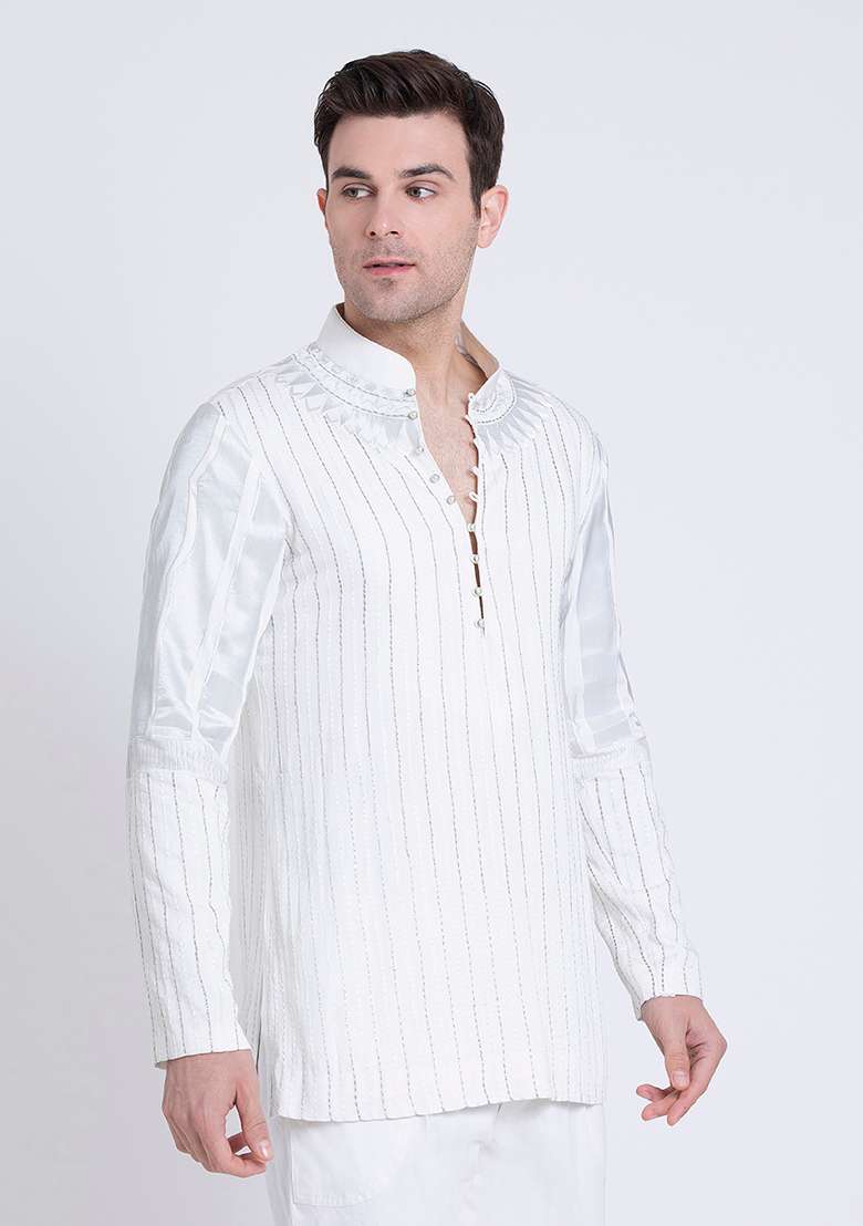 White Embroidered Silk Blend Kurta For Men - Indya