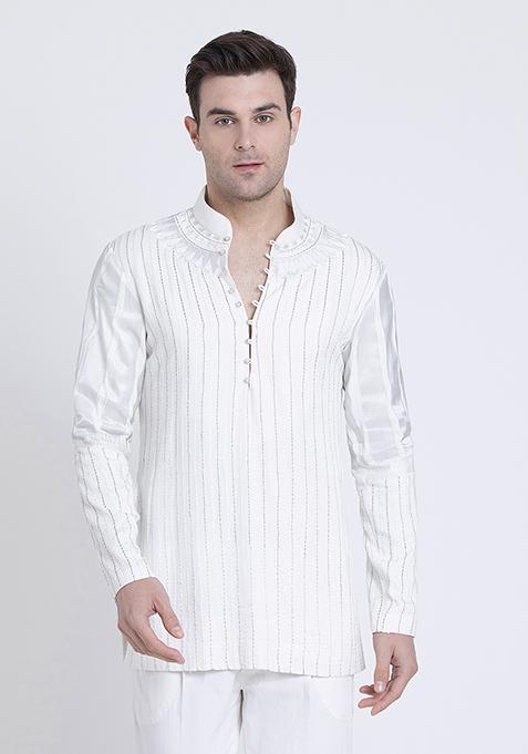 White Embroidered Silk Kurta For Men