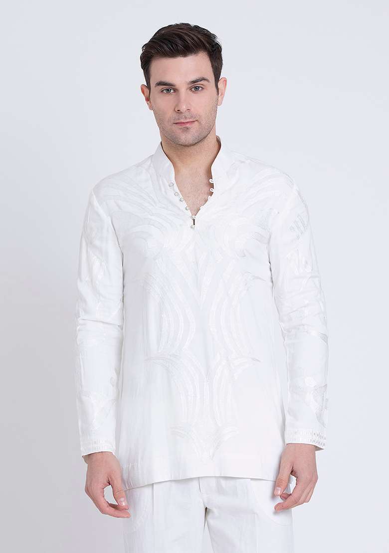 White Embroidered Cotton Silk Blend Kurta For Men - Indya
