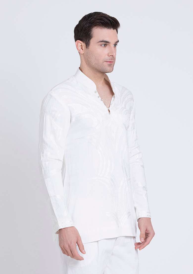 White Embroidered Cotton Silk Blend Kurta For Men - Indya