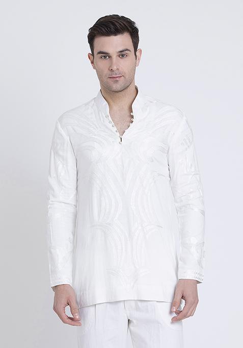 White Embroidered Cotton Silk Kurta For Men