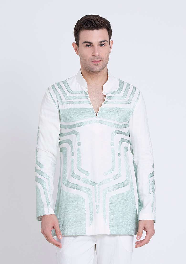 Ivory Embroidered Silk Blend Kurta For Men - Indya