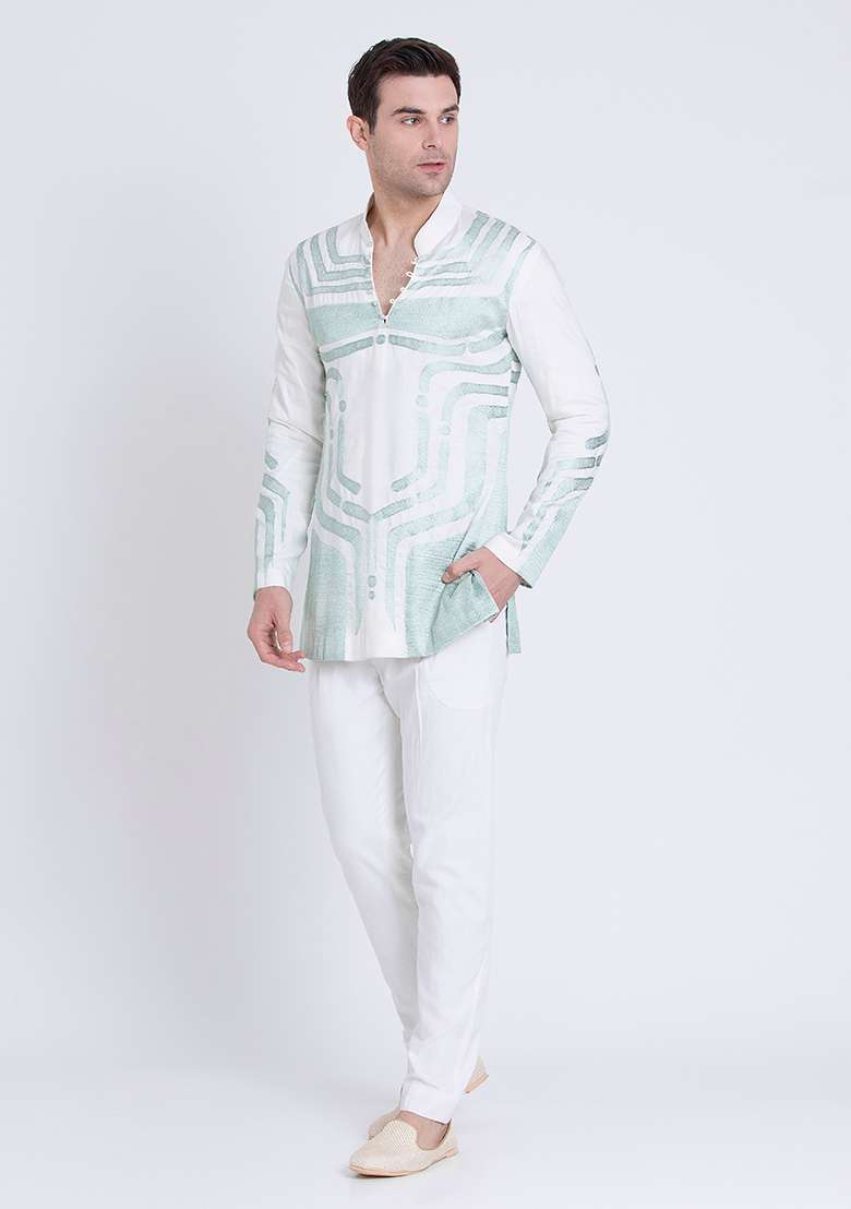 Ivory Embroidered Silk Blend Kurta For Men - Indya