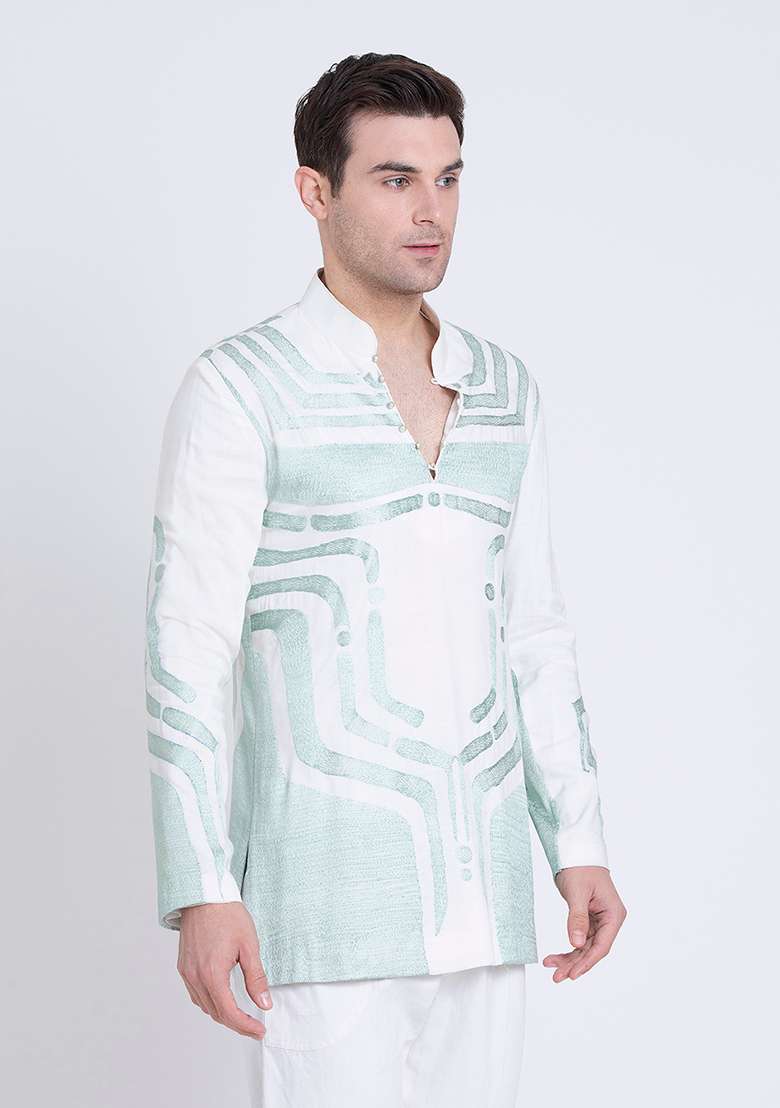 Ivory Embroidered Silk Blend Kurta For Men - Indya