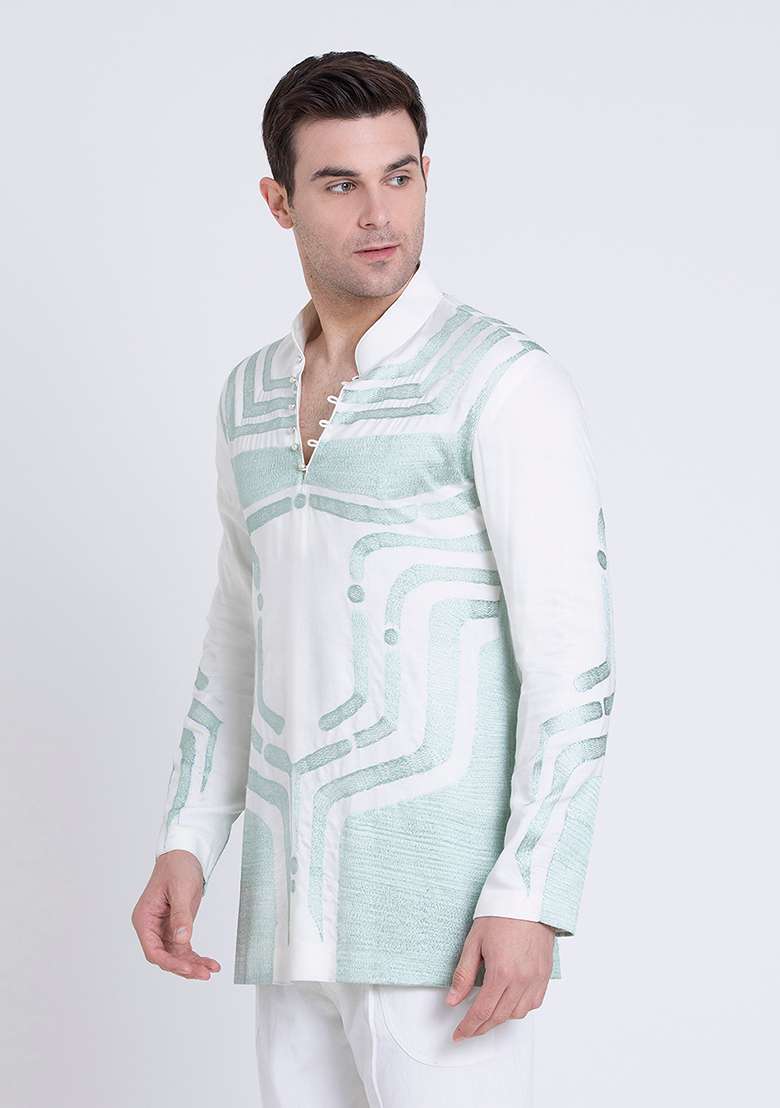 Ivory Embroidered Silk Blend Kurta For Men - Indya