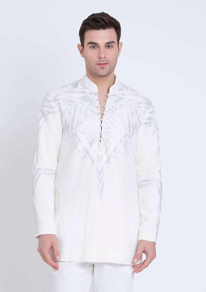 Ivory Embroidered Linen Kurta For Men - Indya