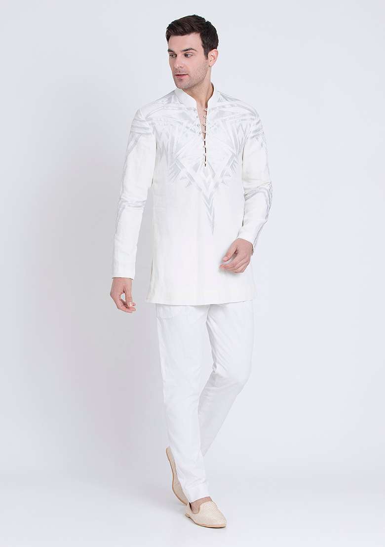 Ivory Embroidered Linen Kurta For Men - Indya