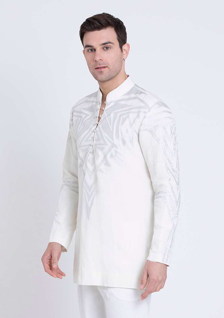 Ivory Embroidered Linen Kurta For Men - Indya