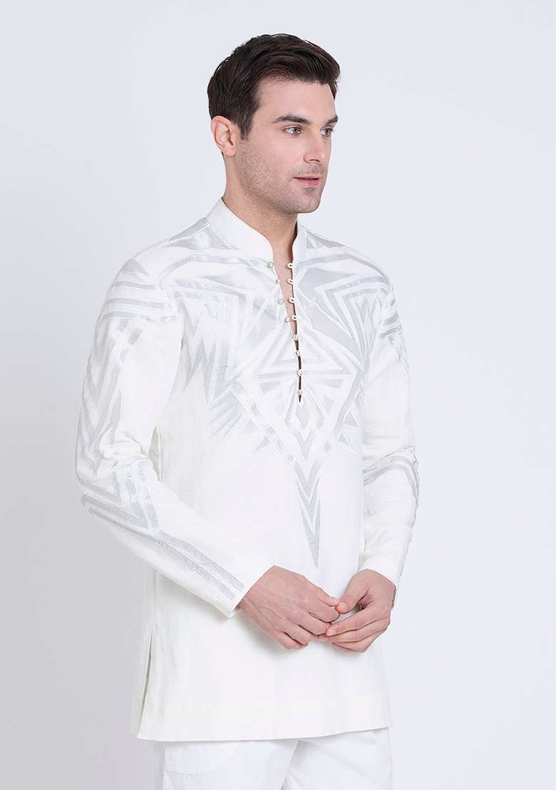 Ivory Embroidered Linen Kurta For Men - Indya