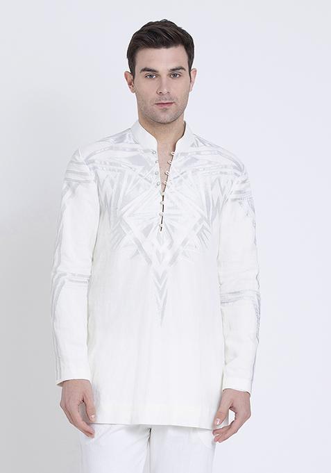 Ivory Embroidered Linen Kurta For Men