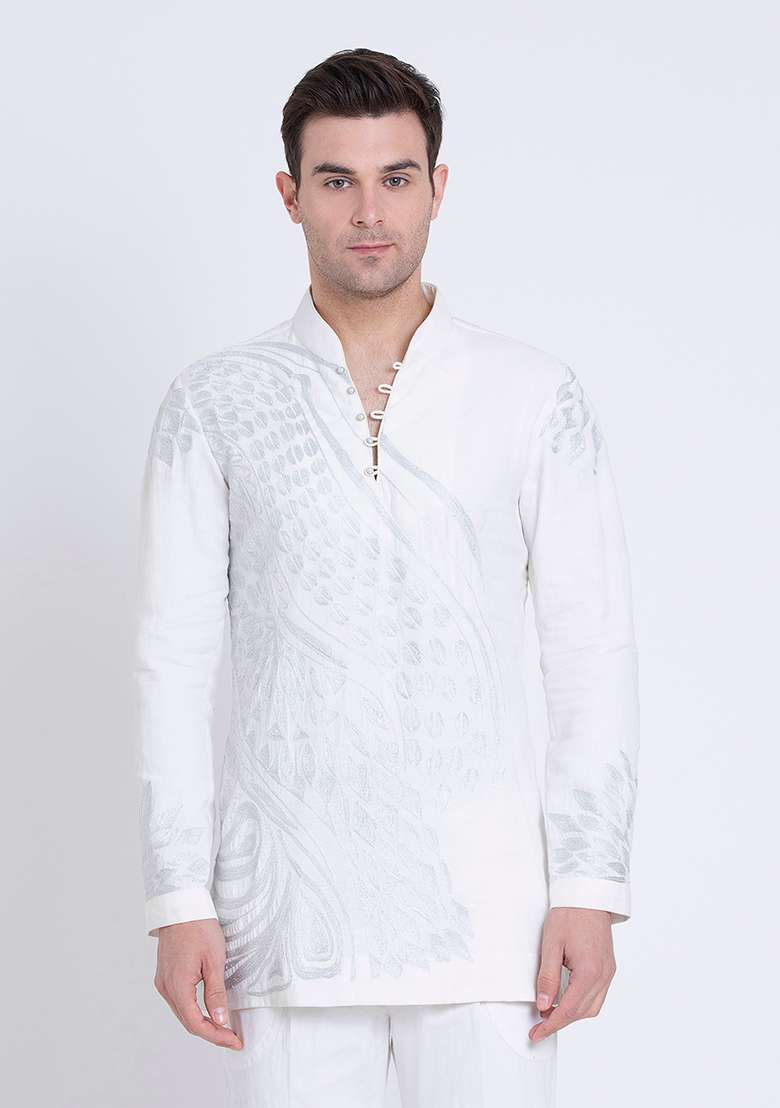 Ivory Classic Embroidered Linen Kurta For Men - Indya