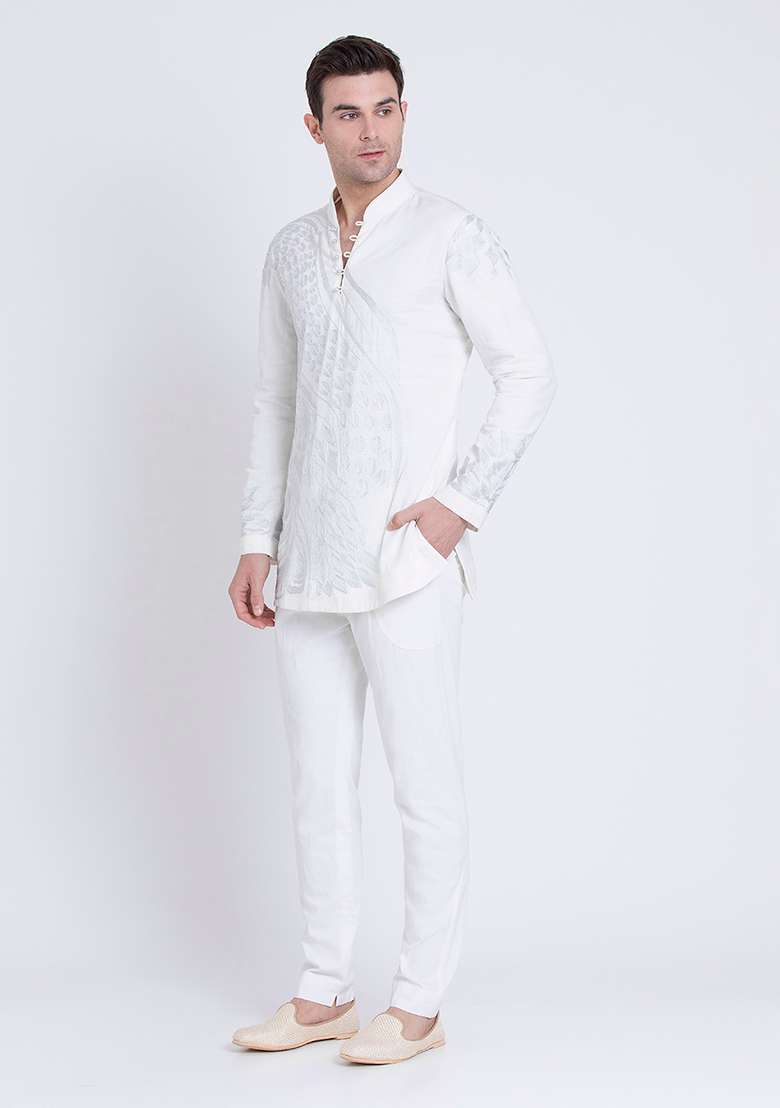 Ivory Classic Embroidered Linen Kurta For Men - Indya