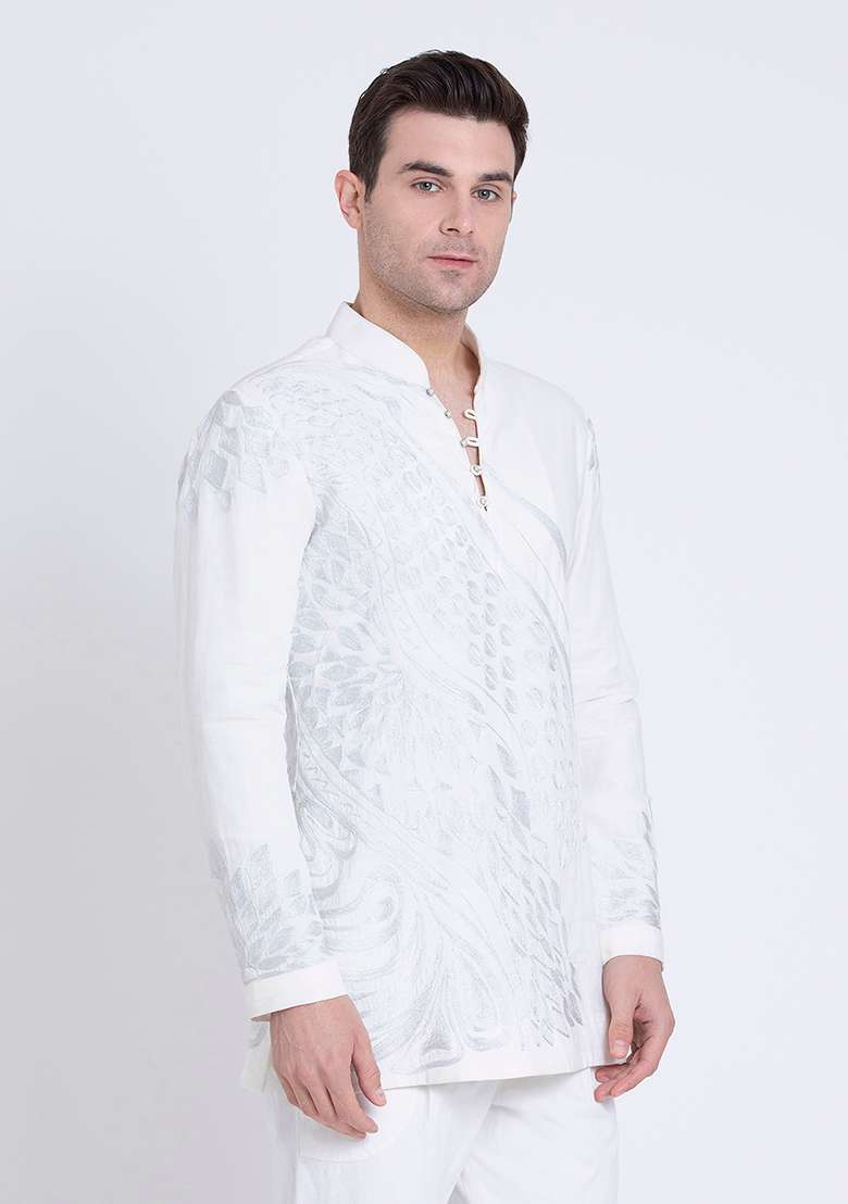 Ivory Classic Embroidered Linen Kurta For Men - Indya