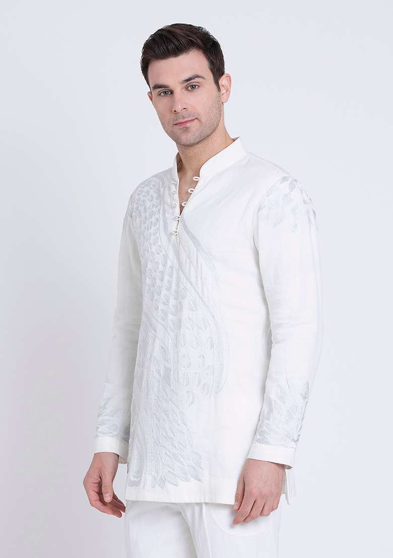 Ivory Classic Embroidered Linen Kurta For Men - Indya