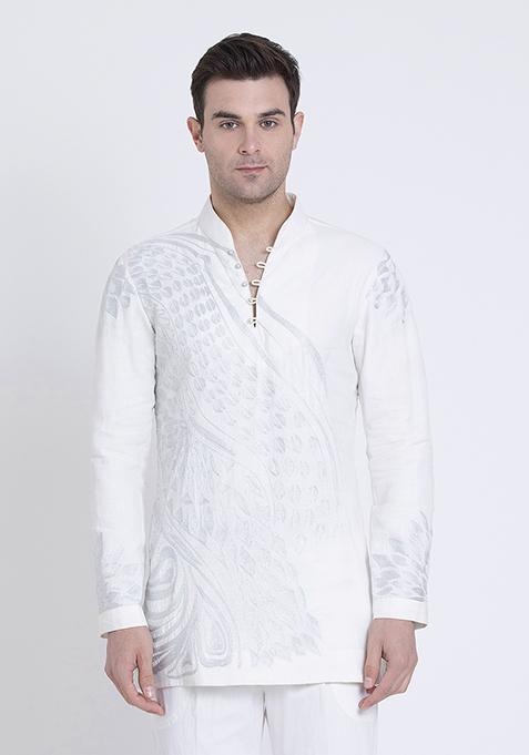 Ivory Classic Embroidered Linen Kurta For Men