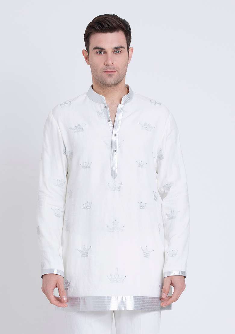 Ivory Elegant Embroidered Linen Kurta For Men - Indya