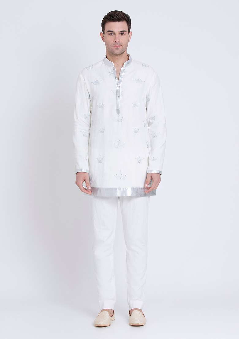 Ivory Elegant Embroidered Linen Kurta For Men - Indya