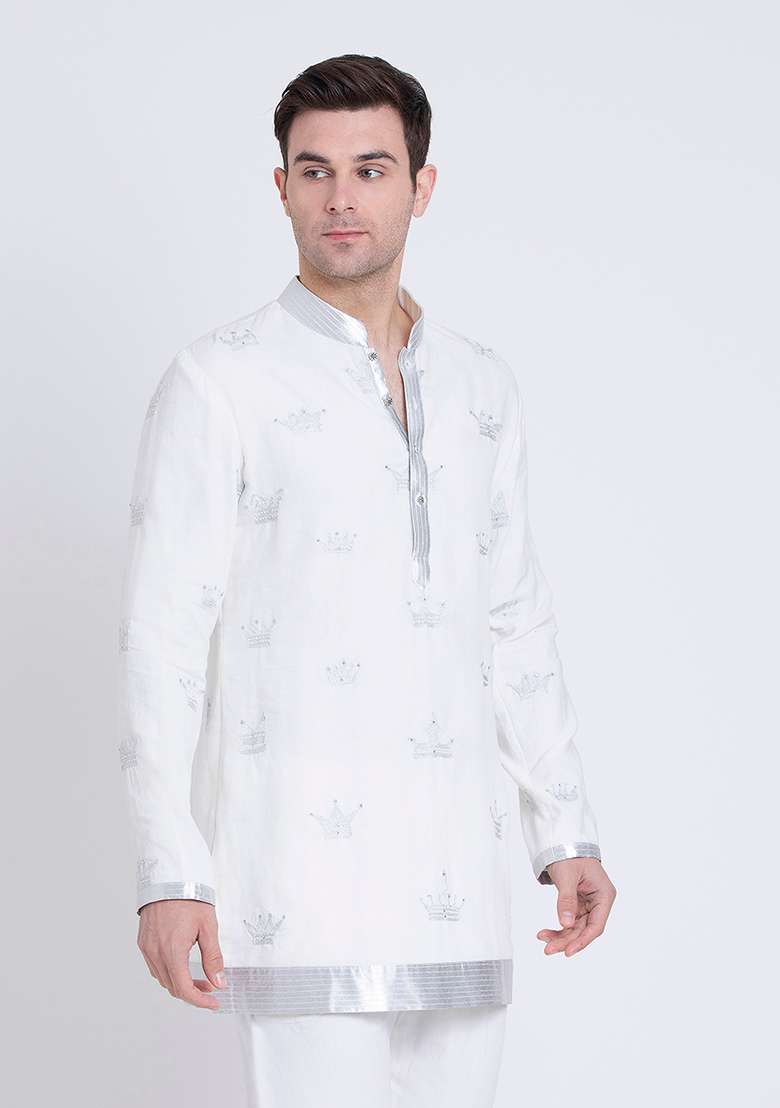 Ivory Elegant Embroidered Linen Kurta For Men - Indya