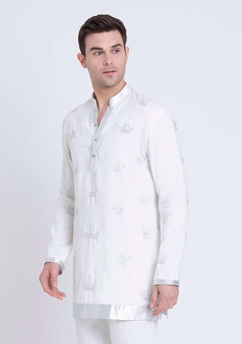 Ivory Elegant Embroidered Linen Kurta For Men - Indya