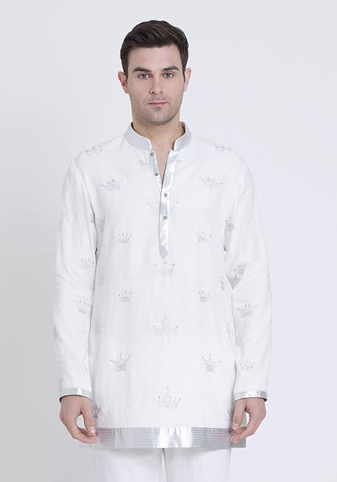 Ivory Elegant Embroidered Linen Kurta For Men