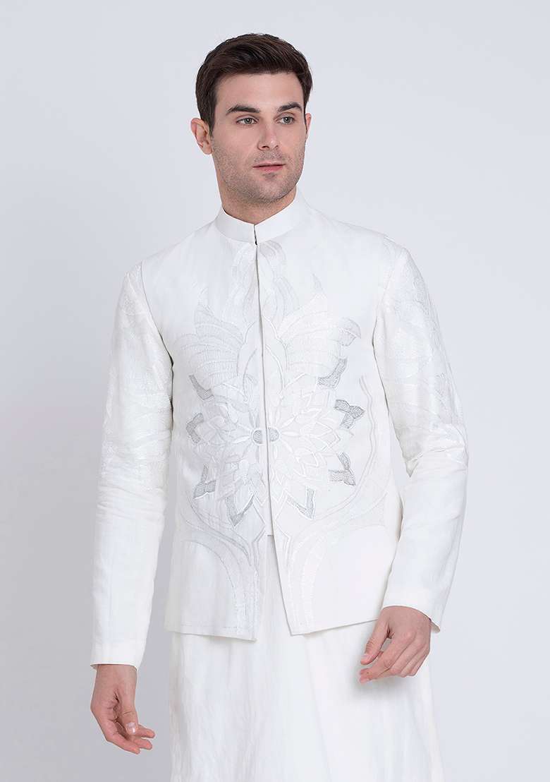 Ivory Timeless Embroidered Linen Kurta For Men - Indya