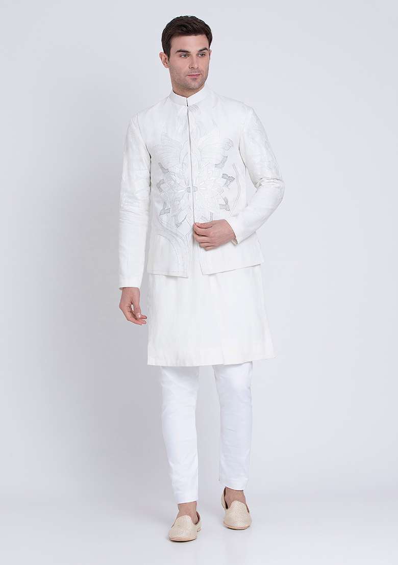 Ivory Timeless Embroidered Linen Kurta For Men - Indya