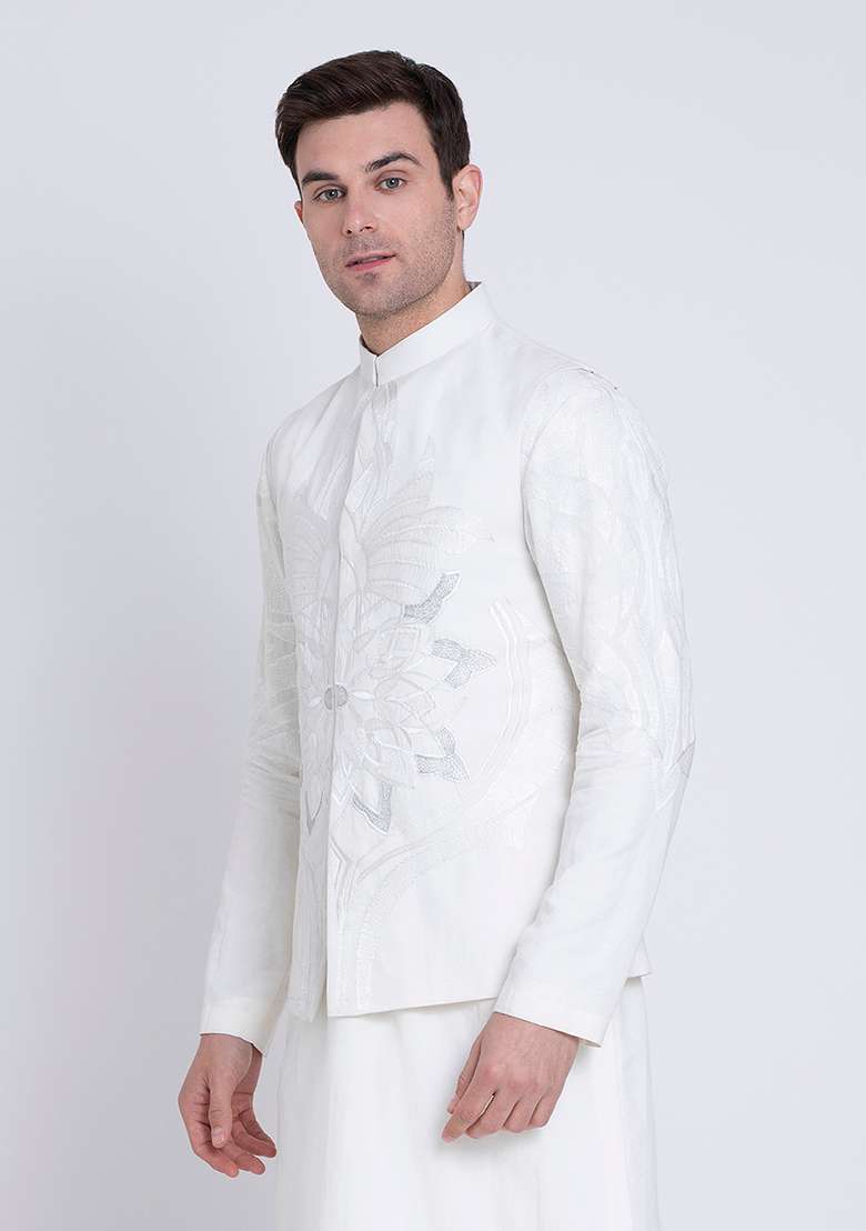 Ivory Timeless Embroidered Linen Kurta For Men - Indya