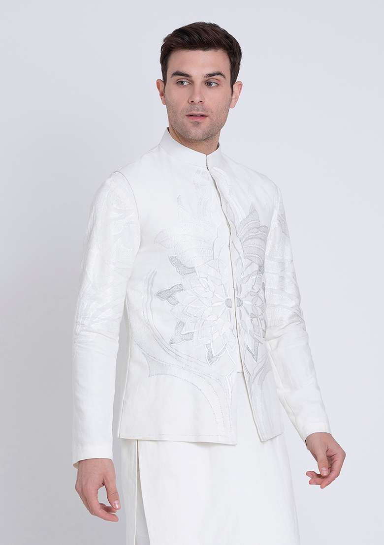 Ivory Timeless Embroidered Linen Kurta For Men - Indya