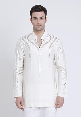 Ivory Elegant Embroidered Silk Blend Kurta For Men