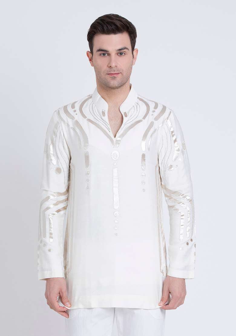 Ivory Elegant Embroidered Silk Blend Kurta For Men - Indya