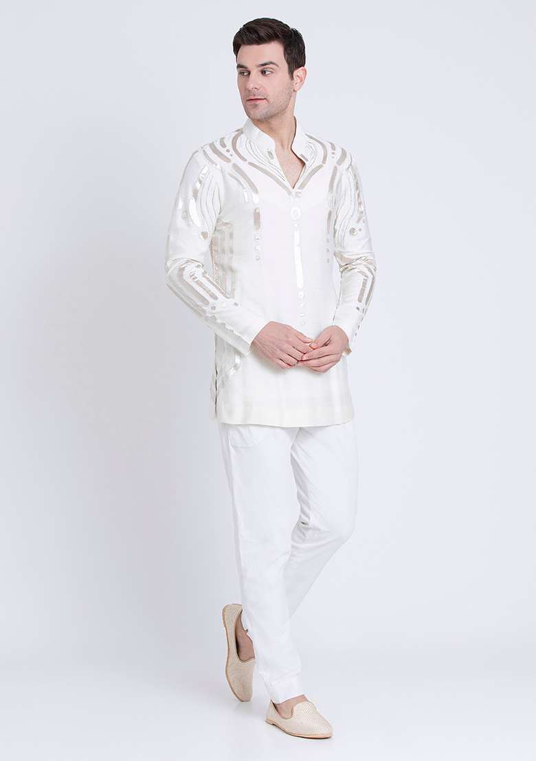 Ivory Elegant Embroidered Silk Blend Kurta For Men - Indya