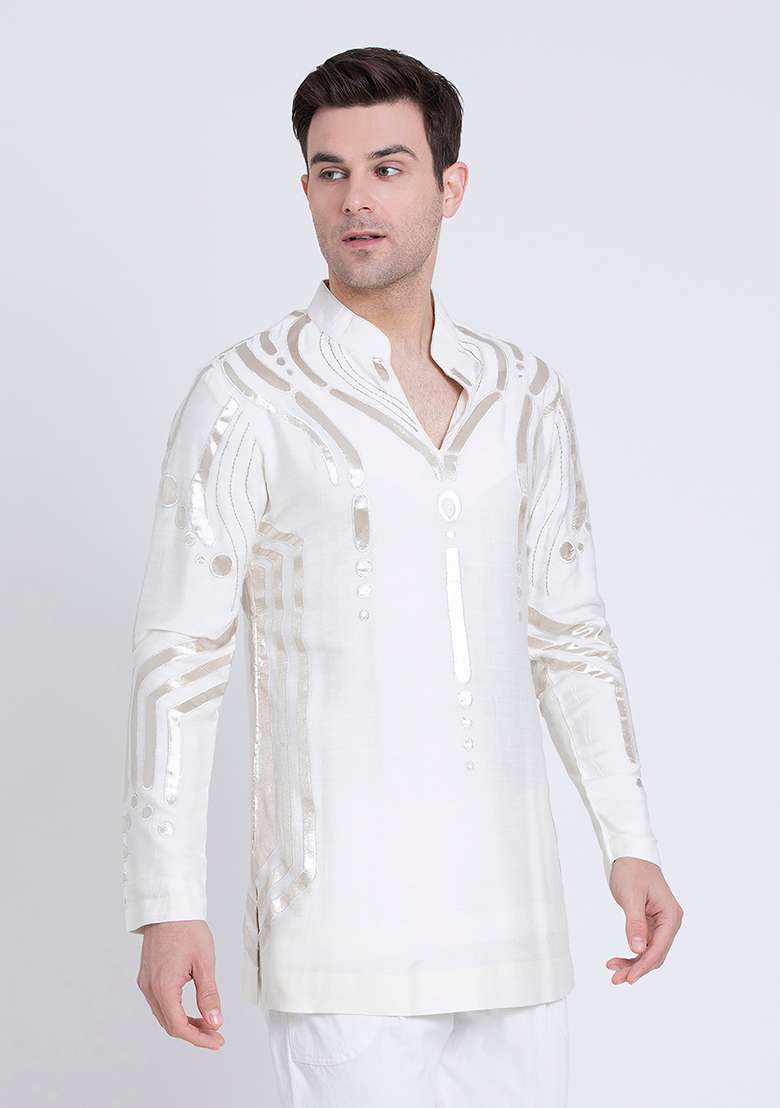 Ivory Elegant Embroidered Silk Blend Kurta For Men - Indya