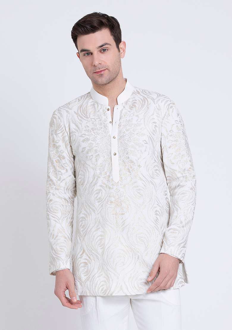 Ivory Minimalist Embroidered Linen Kurta For Men - Indya